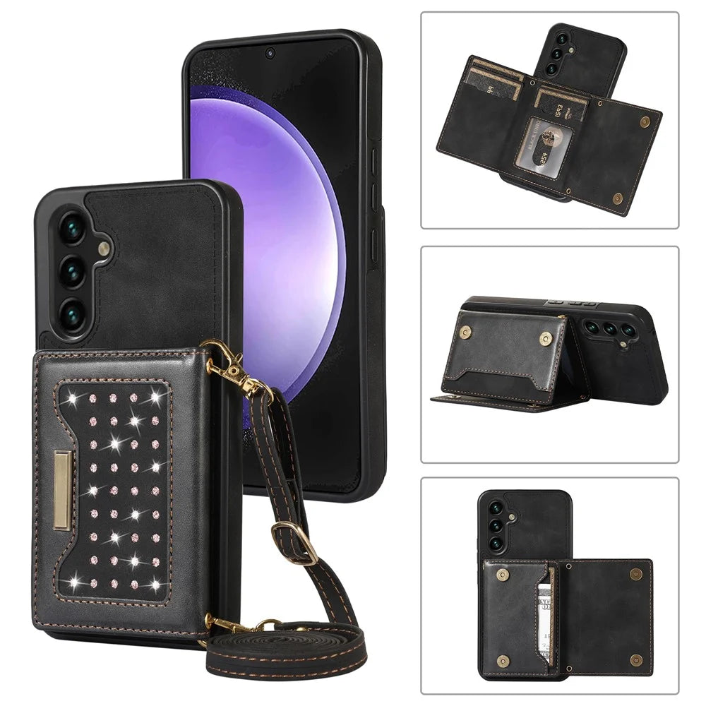 For Samsung Galaxy S23 Case Leather+TPU Kickstand Cover with Lanyard RFID Blocking Wallet - Black - 1