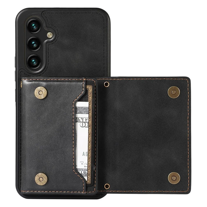 For Samsung Galaxy S23 Case Leather+TPU Kickstand Cover with Lanyard RFID Blocking Wallet - Black - 2