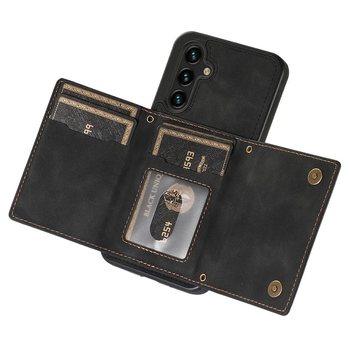 For Samsung Galaxy S23 Case Leather+TPU Kickstand Cover with Lanyard RFID Blocking Wallet - Black - 3