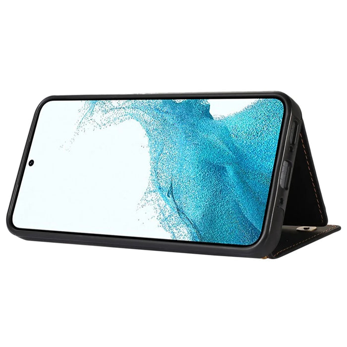 For Samsung Galaxy S23 Case Leather+TPU Kickstand Cover with Lanyard RFID Blocking Wallet - Black - 4