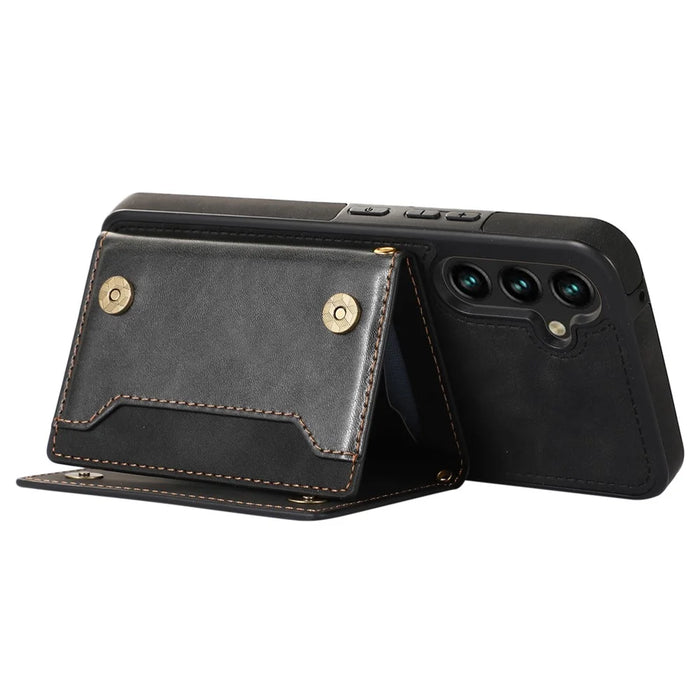 For Samsung Galaxy S23 Case Leather+TPU Kickstand Cover with Lanyard RFID Blocking Wallet - Black - 5