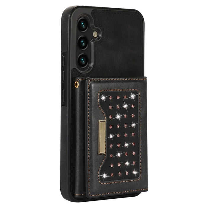 For Samsung Galaxy S23 Case Leather+TPU Kickstand Cover with Lanyard RFID Blocking Wallet - Black - 6