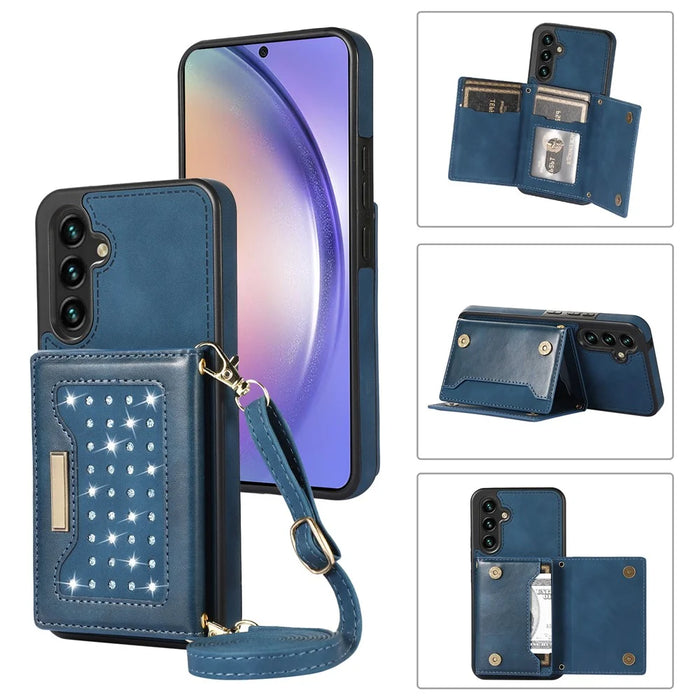 For Samsung Galaxy A54 5G Case TPU Leather Phone Cover RFID Blocking Wallet with Lanyard - Blue - 1