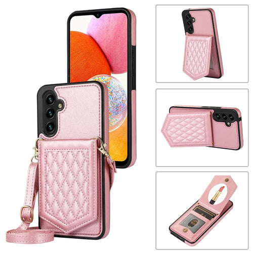 For Samsung Galaxy A14 5G / 4G Cover TPU Leather Phone Case RFID Blocking Hidden Mirror - Rose Gold - 1
