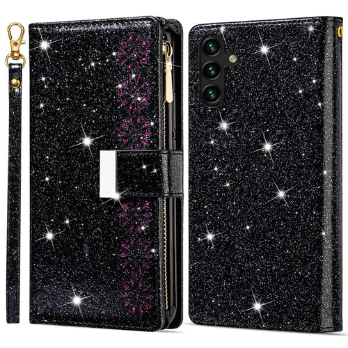 For Samsung Galaxy A05s 4G Leather Case Glittery Phone Cover with Zipper Wallet - Black - 1