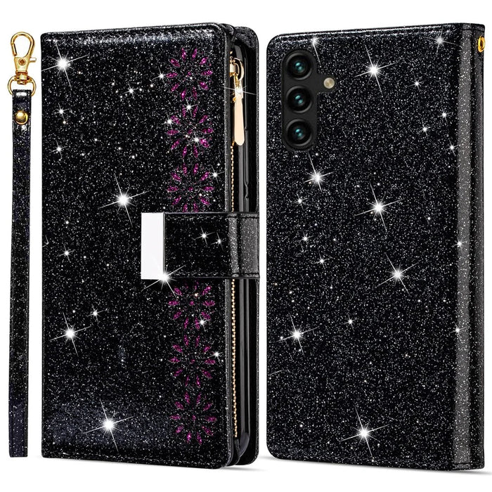 For Samsung Galaxy A05s 4G Leather Case Glittery Phone Cover with Zipper Wallet - Black - 1