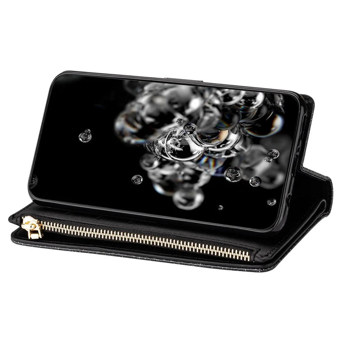 For Samsung Galaxy A05s 4G Leather Case Glittery Phone Cover with Zipper Wallet - Black - 2