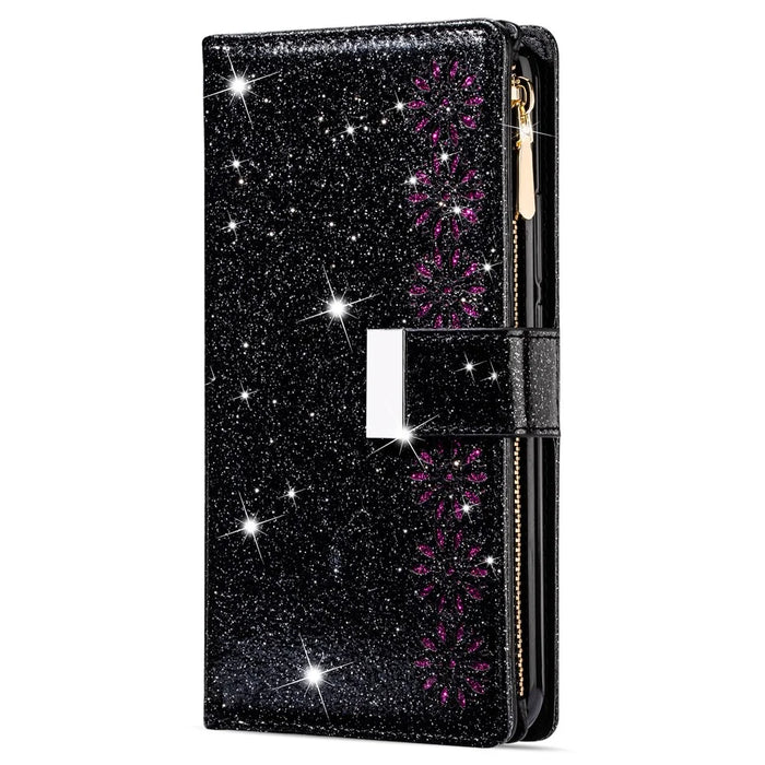 For Samsung Galaxy A05s 4G Leather Case Glittery Phone Cover with Zipper Wallet - Black - 7
