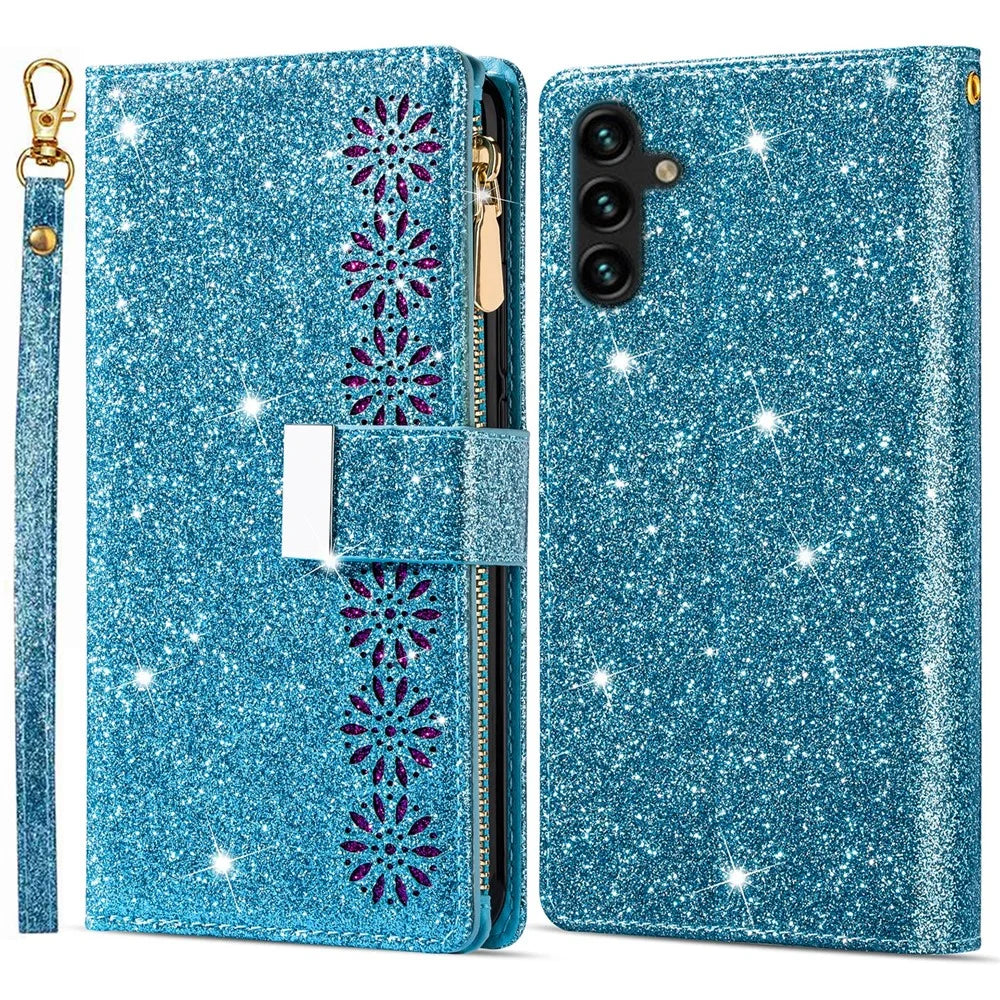 For Samsung Galaxy A15 4G / 5G Case Zipper Pocket PU Leather Wallet Glittery Phone Cover - Blue - 1