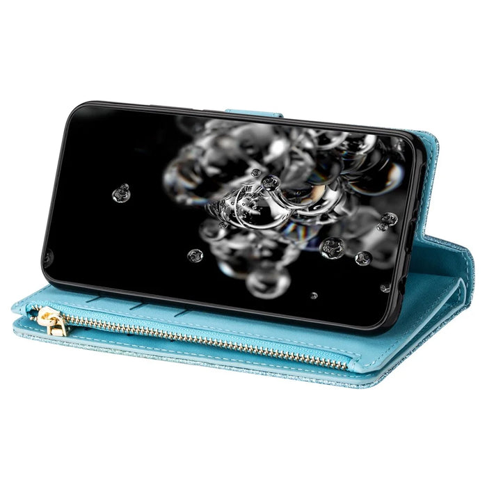 For Samsung Galaxy A15 4G / 5G Case Zipper Pocket PU Leather Wallet Glittery Phone Cover - Blue - 2