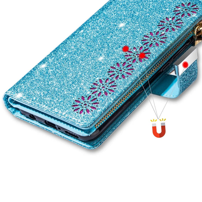 For Samsung Galaxy A15 4G / 5G Case Zipper Pocket PU Leather Wallet Glittery Phone Cover - Blue - 6