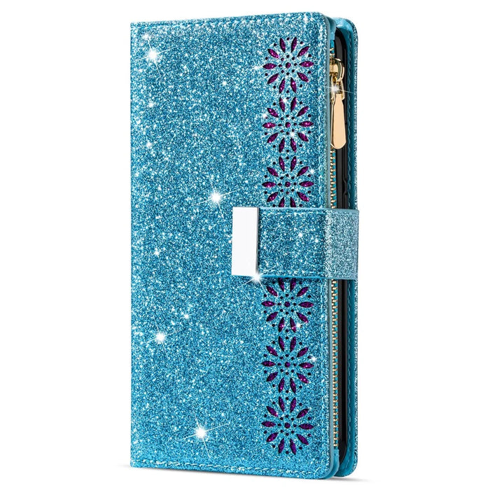 For Samsung Galaxy A15 4G / 5G Case Zipper Pocket PU Leather Wallet Glittery Phone Cover - Blue - 7