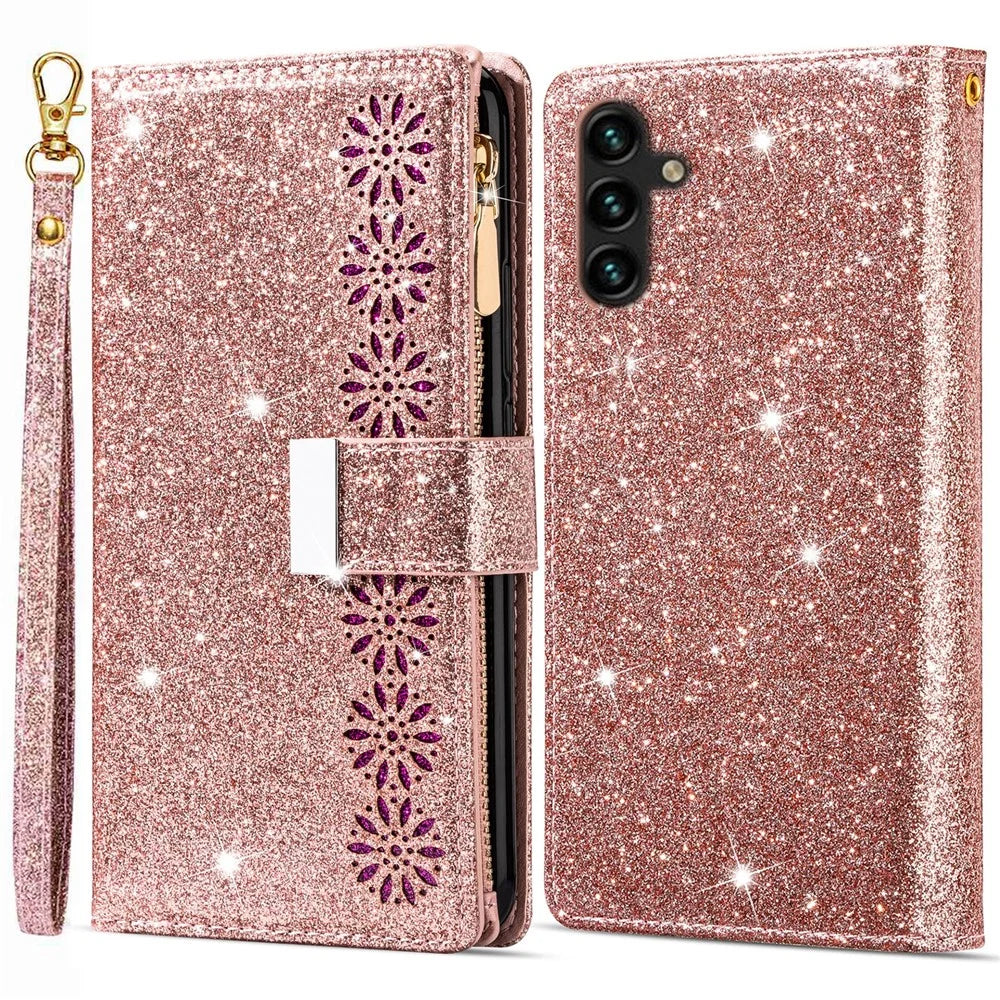 For Samsung Galaxy A55 5G Leather Case Stand Zipper Wallet Glittery Phone Cover - Rose Gold - 1