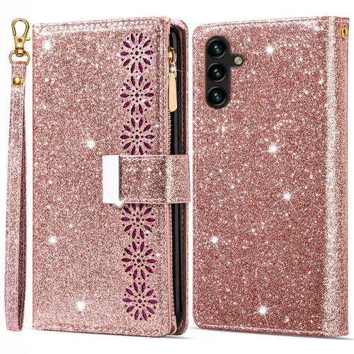 For Samsung Galaxy A55 5G Leather Case Stand Zipper Wallet Glittery Phone Cover - Rose Gold - 1