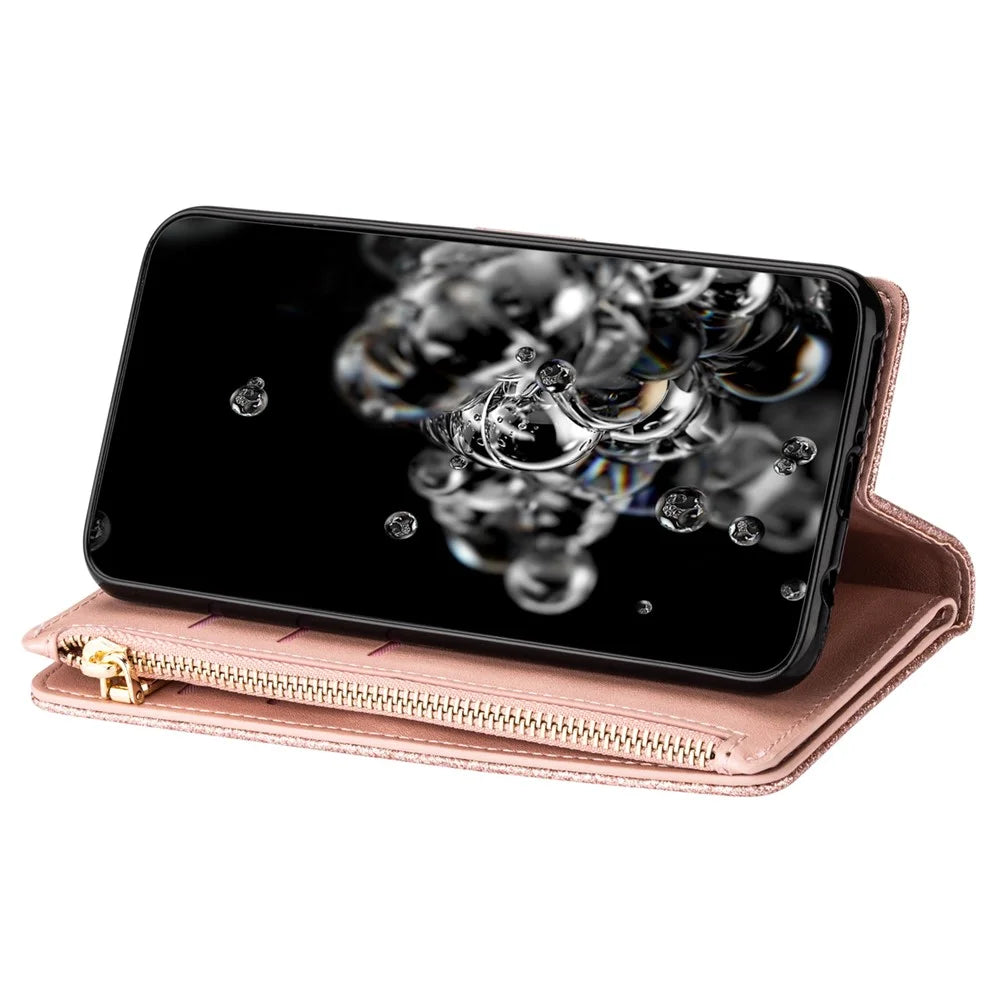 For Samsung Galaxy A55 5G Leather Case Stand Zipper Wallet Glittery Phone Cover - Rose Gold - 2