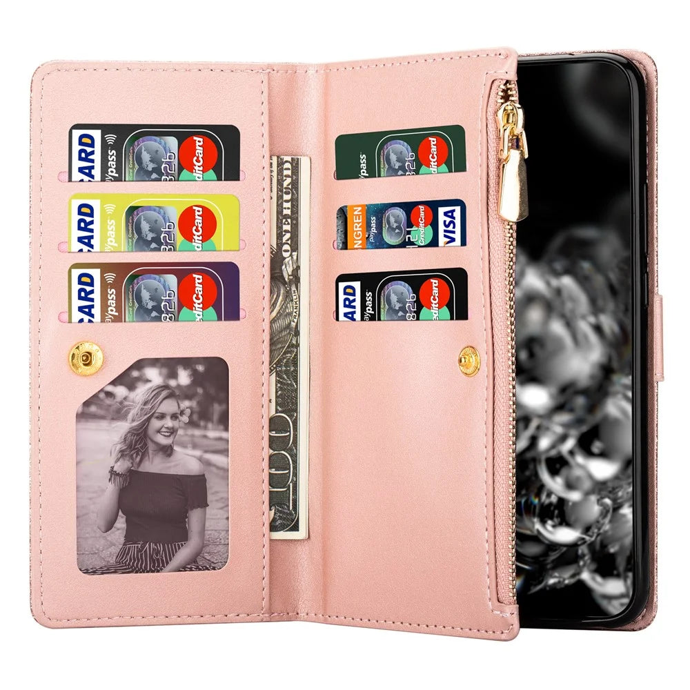 For Samsung Galaxy A55 5G Leather Case Stand Zipper Wallet Glittery Phone Cover - Rose Gold - 3