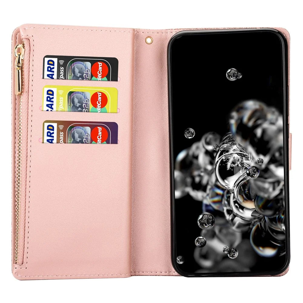 For Samsung Galaxy A55 5G Leather Case Stand Zipper Wallet Glittery Phone Cover - Rose Gold - 4