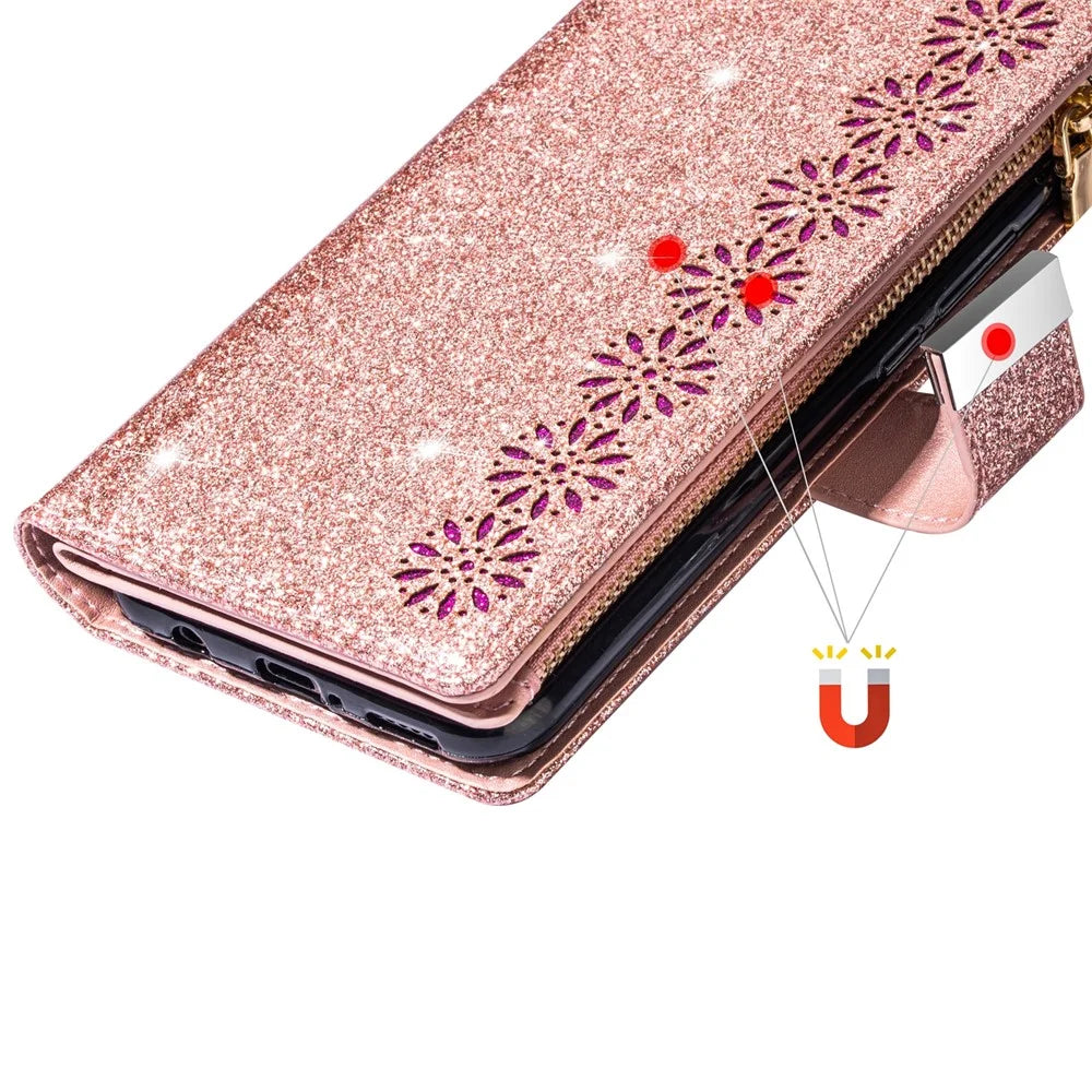 For Samsung Galaxy A55 5G Leather Case Stand Zipper Wallet Glittery Phone Cover - Rose Gold - 6