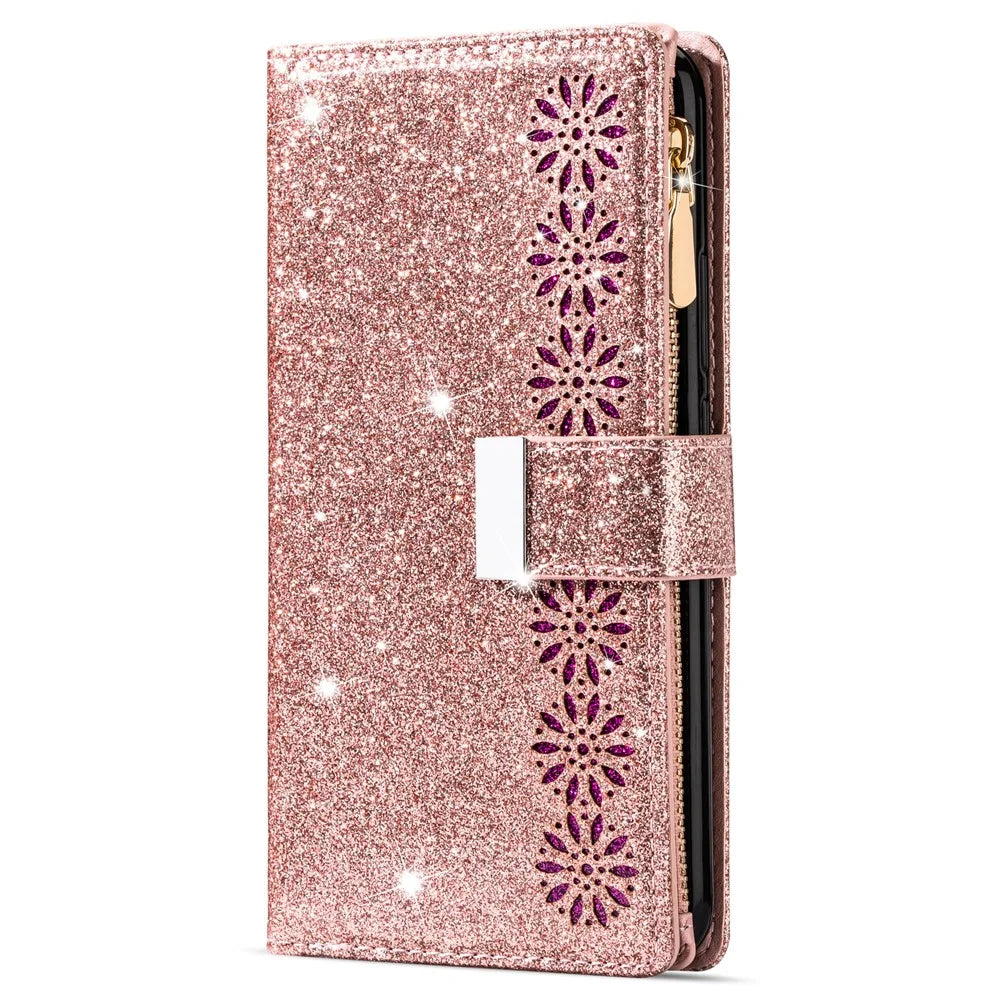 For Samsung Galaxy A55 5G Leather Case Stand Zipper Wallet Glittery Phone Cover - Rose Gold - 7