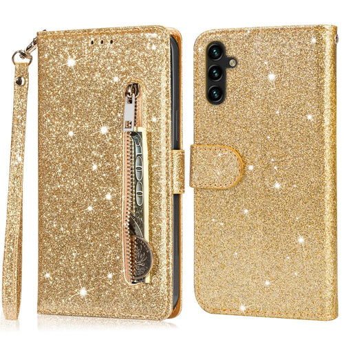 For Samsung Galaxy S23 FE Case Zipper Pocket Glitter Leather Phone Cover - Gold - 1