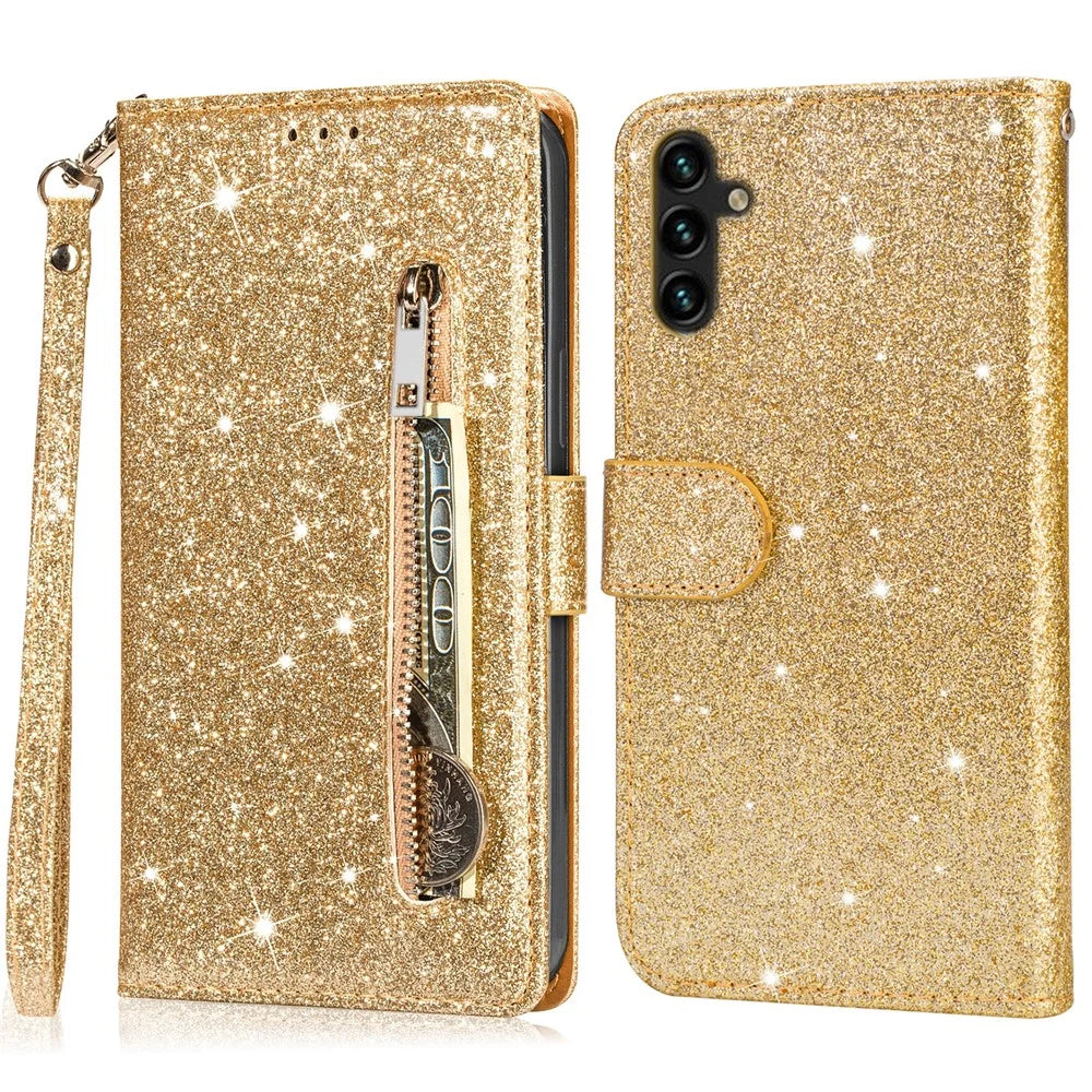 For Samsung Galaxy S23 FE Case Zipper Pocket Glitter Leather Phone Cover - Gold - 1