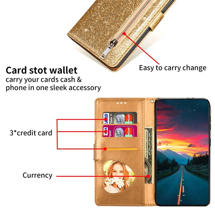 For Samsung Galaxy S23 FE Case Zipper Pocket Glitter Leather Phone Cover - Gold - 4