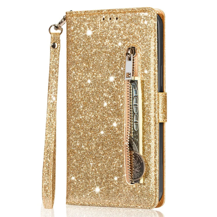 For Samsung Galaxy S23 FE Case Zipper Pocket Glitter Leather Phone Cover - Gold - 7