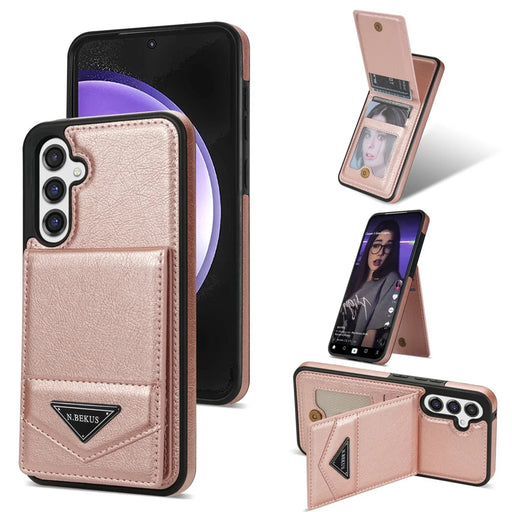 N.BEKUS For Samsung Galaxy S23 FE Case Leather Coated TPU Cover with Card Holder Kickstand - Pink - 1