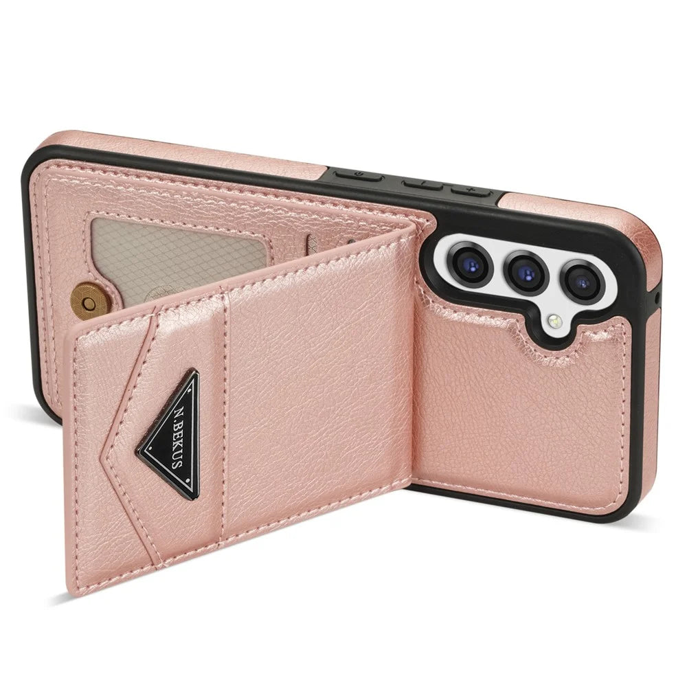 N.BEKUS For Samsung Galaxy S23 FE Case Leather Coated TPU Cover with Card Holder Kickstand - Pink - 4