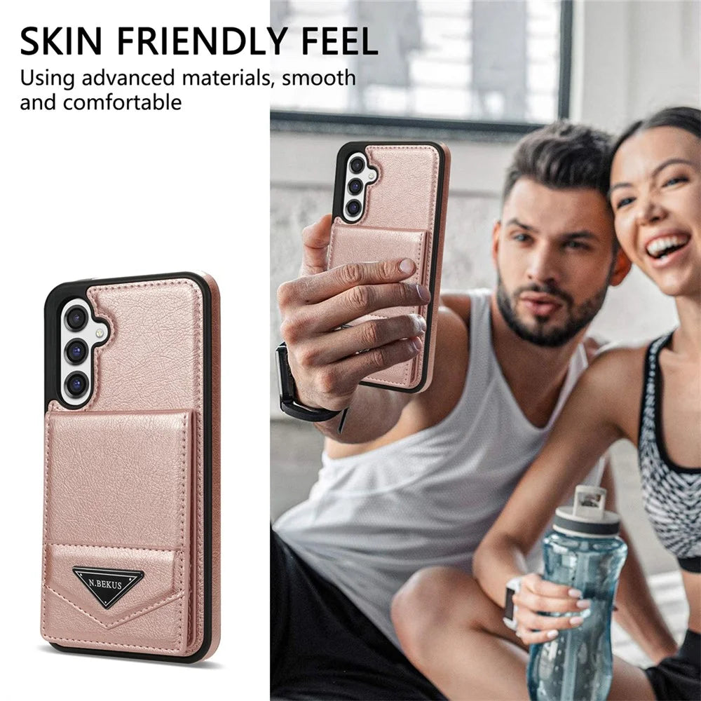 N.BEKUS For Samsung Galaxy S23 FE Case Leather Coated TPU Cover with Card Holder Kickstand - Pink - 5