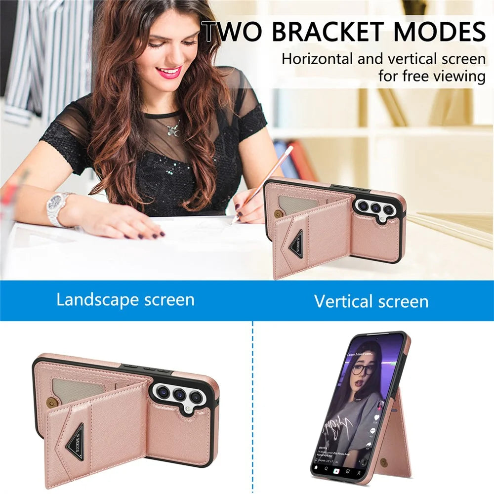 N.BEKUS For Samsung Galaxy S23 FE Case Leather Coated TPU Cover with Card Holder Kickstand - Pink - 6