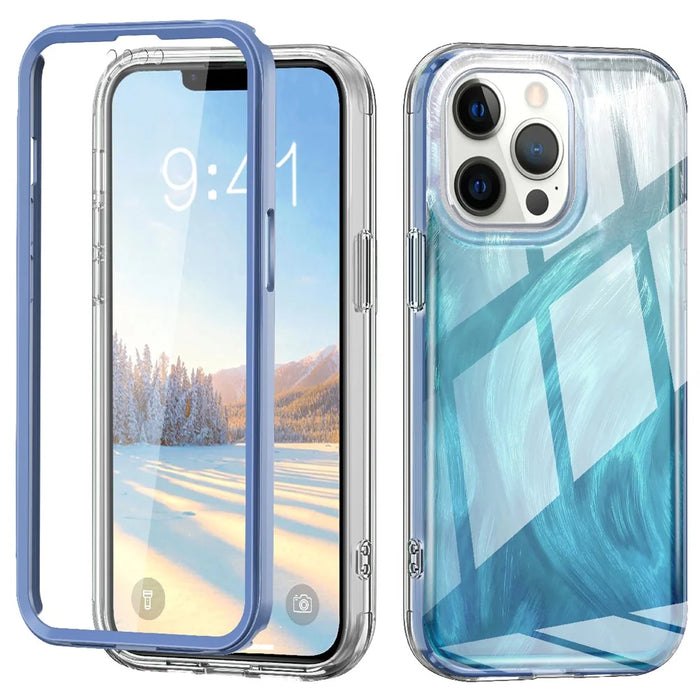 For iPhone 13 Pro Max 6.7 inch Case Gradient Feather Pattern Camera Protection Phone Cover - Blue - 1