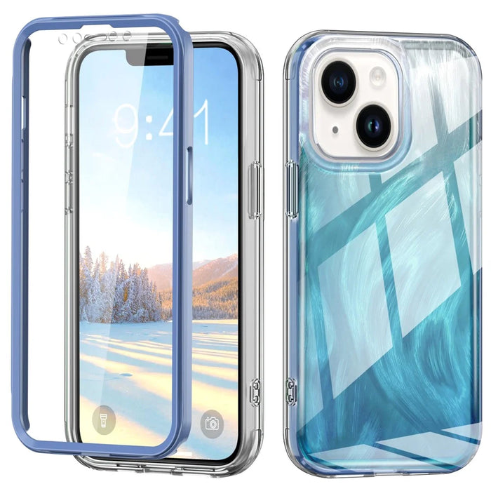 PC+TPU Case for iPhone 14 Shell Gradient Feather Pattern Phone Cover with PET Screen Film - Blue - 1