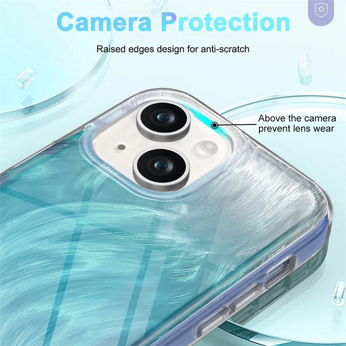PC+TPU Case for iPhone 14 Shell Gradient Feather Pattern Phone Cover with PET Screen Film - Blue - 3