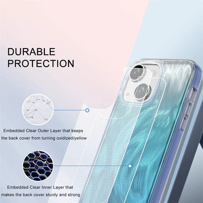 PC+TPU Case for iPhone 14 Shell Gradient Feather Pattern Phone Cover with PET Screen Film - Blue - 6