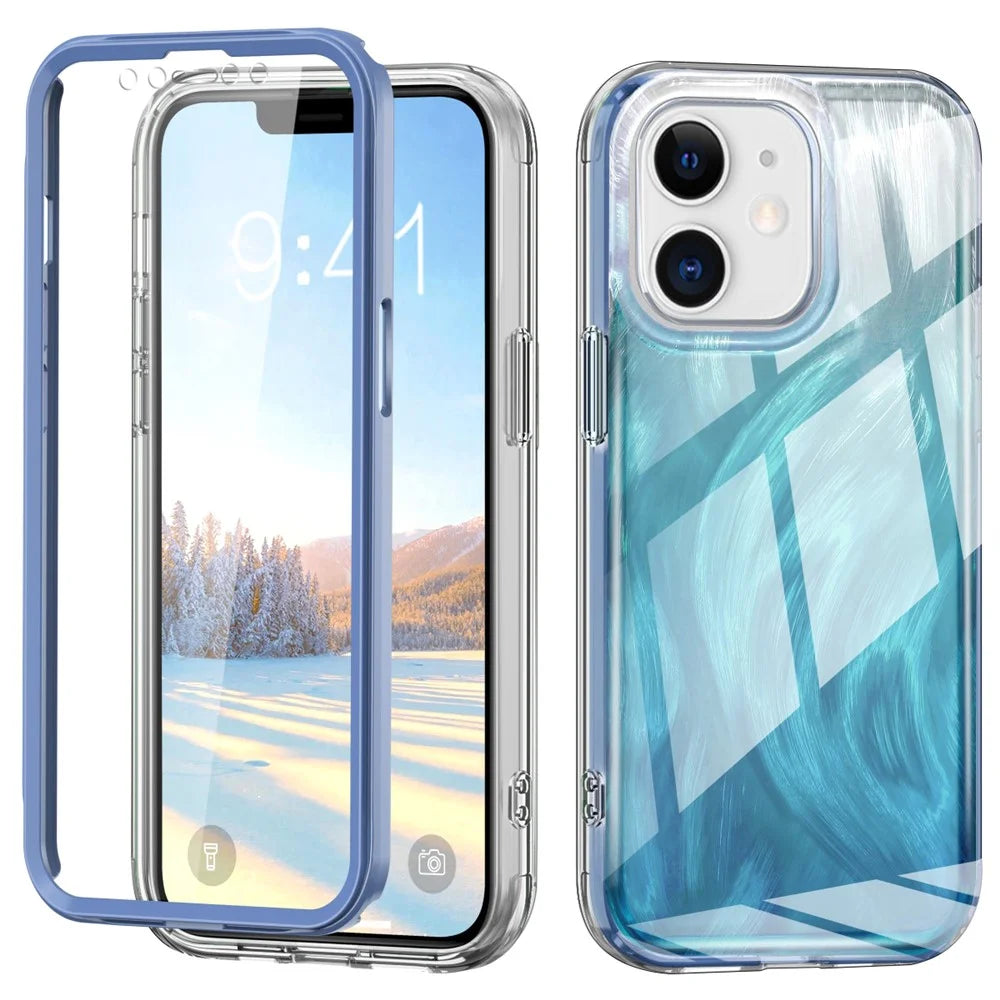 For iPhone 11 Feather Pattern Case Gradient PC+TPU Protective Phone Cover with Screen Protector - Blue - 1