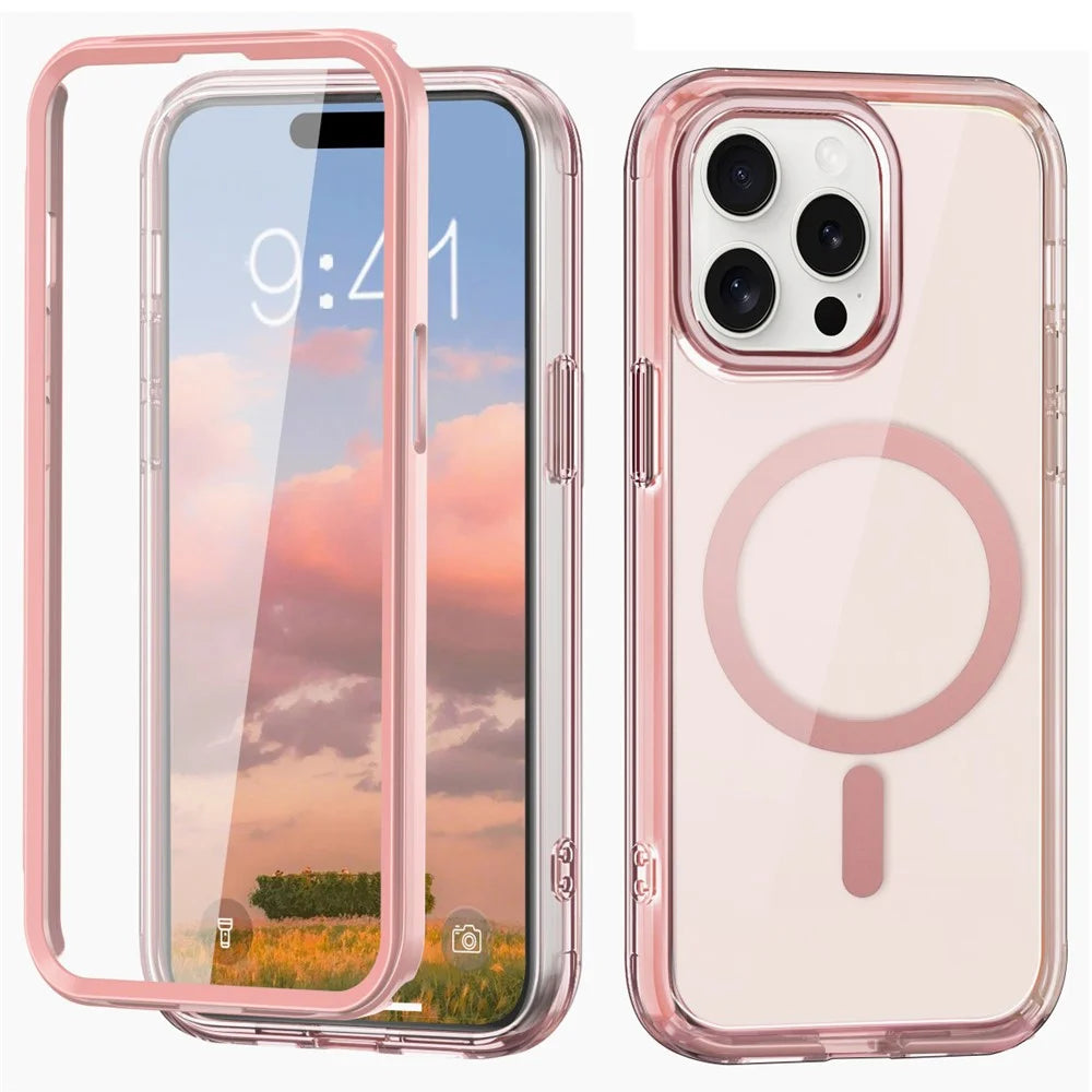 For iPhone 15 Pro Max Case Compatible with MagSafe PC + TPU Clear Phone Cover with PET Screen Film - Pink - 1
