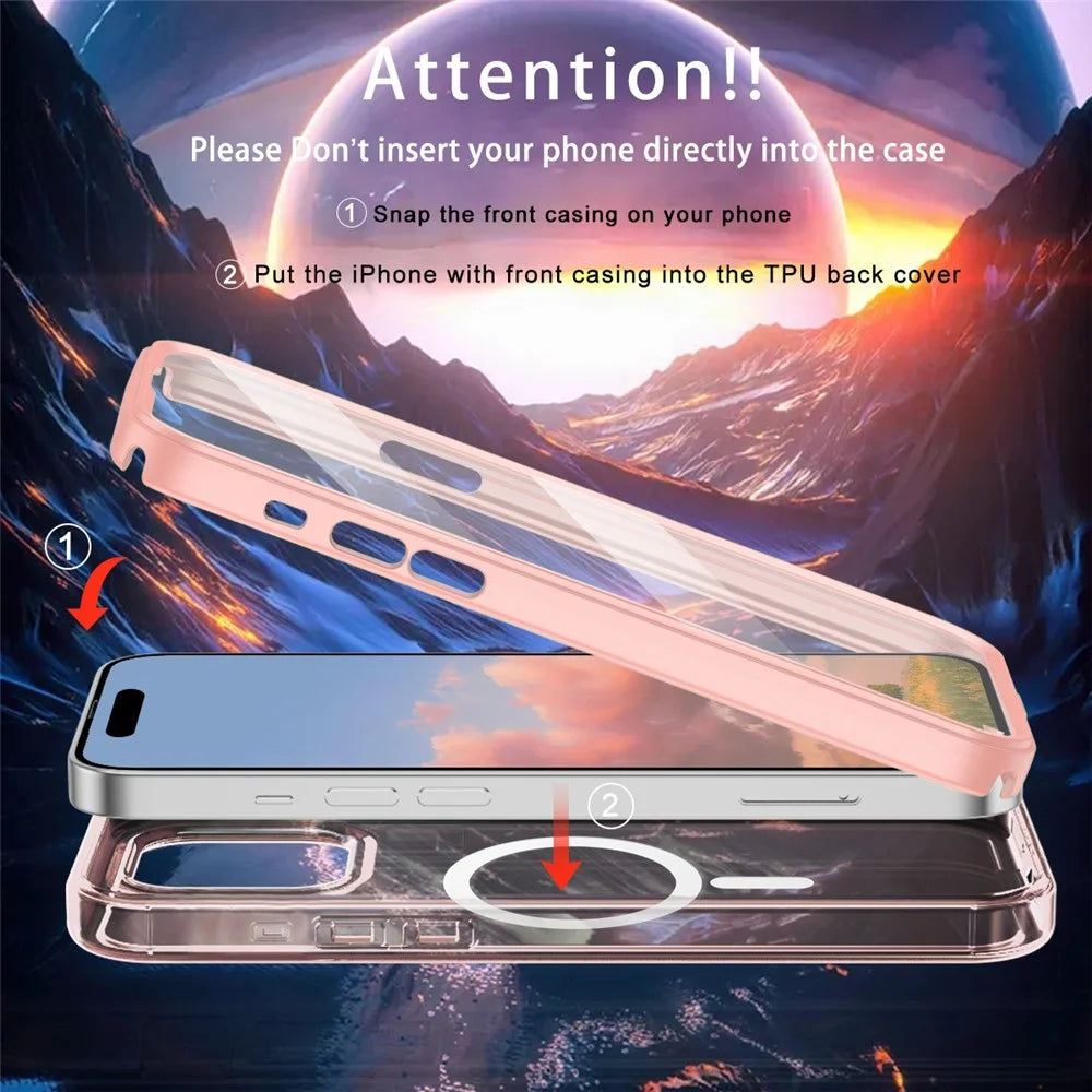 For iPhone 15 Pro Max Case Compatible with MagSafe PC + TPU Clear Phone Cover with PET Screen Film - Pink - 3