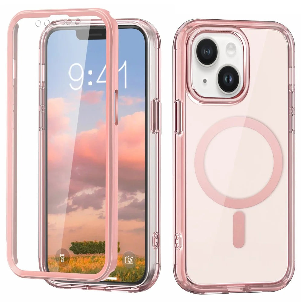 For iPhone 14 Case Compatible with MagSafe PC + TPU Clear Phone Cover with PET Screen Film - Pink - 1
