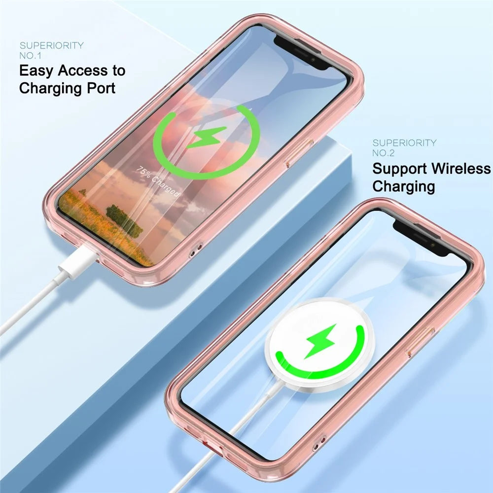 For iPhone 14 Case Compatible with MagSafe PC + TPU Clear Phone Cover with PET Screen Film - Pink - 2