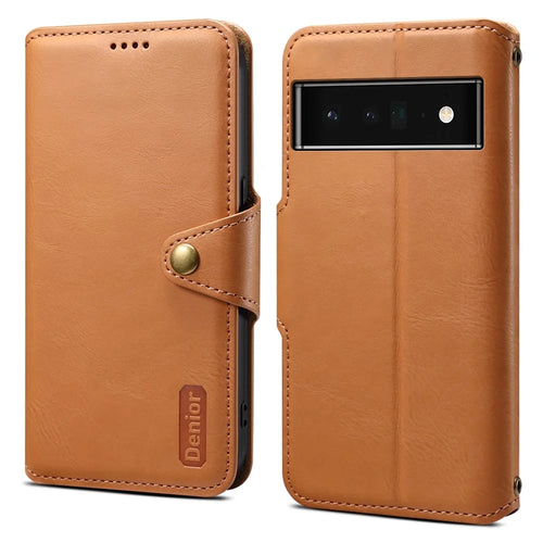 DENIOR For Google Pixel 6 Pro 5G Case Cowhide Texture Stand Shockproof Phone Cover - Khaki - 1