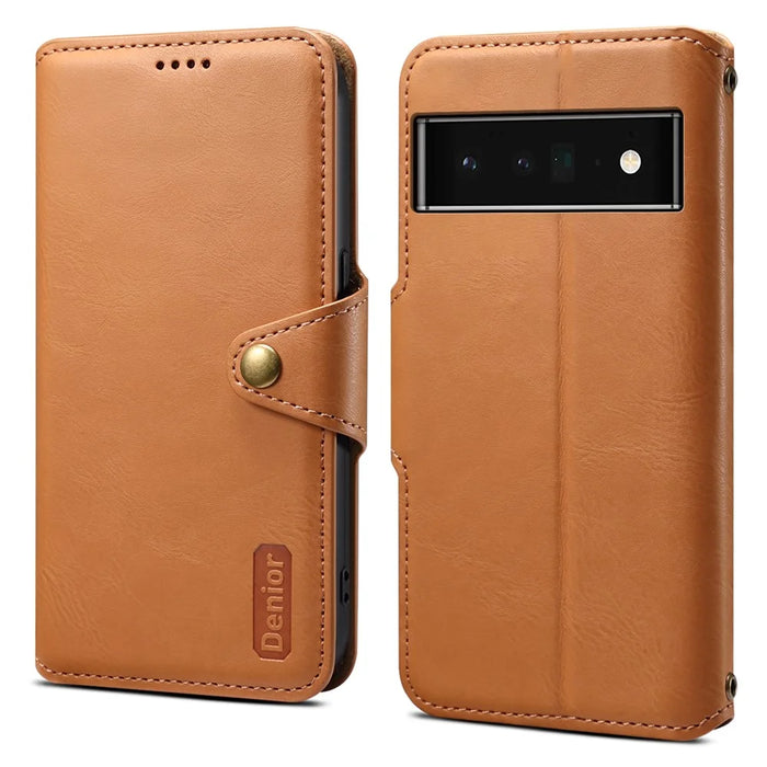 DENIOR For Google Pixel 6 Pro 5G Case Cowhide Texture Stand Shockproof Phone Cover - Khaki - 1