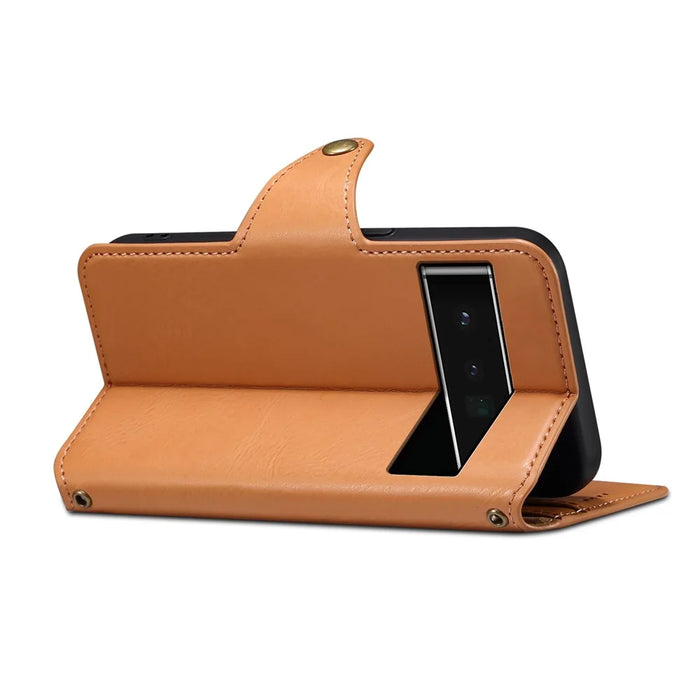 DENIOR For Google Pixel 6 Pro 5G Case Cowhide Texture Stand Shockproof Phone Cover - Khaki - 3
