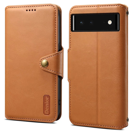 DENIOR For Google Pixel 6 Shockproof Case Cowhide Texture Leather Phone Cover - Khaki - 1