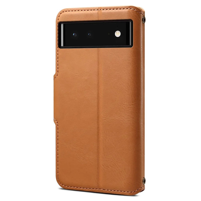 DENIOR For Google Pixel 6 Shockproof Case Cowhide Texture Leather Phone Cover - Khaki - 6