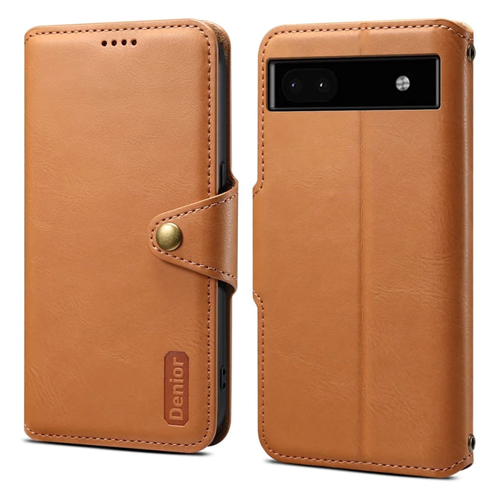 DENIOR For Google Pixel 6a Wallet Phone Case Cowhide Texture Leather Flip Cover - Khaki - 1