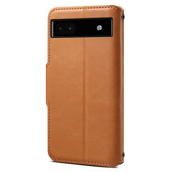 DENIOR For Google Pixel 6a Wallet Phone Case Cowhide Texture Leather Flip Cover - Khaki - 6