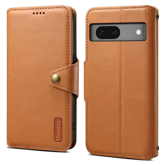 DENIOR For Google Pixel 7 5G Case Cowhide Texture Shockproof Wallet Phone Cover - Khaki - 1