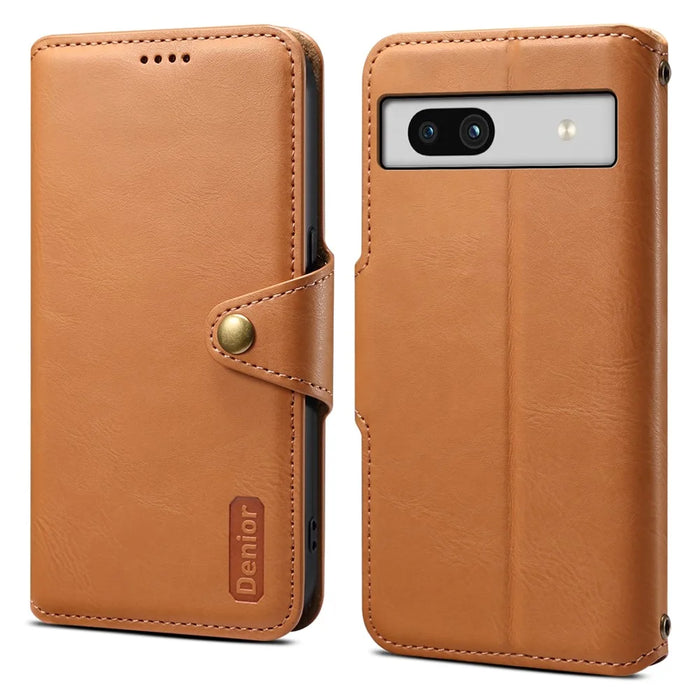 DENIOR For Google Pixel 7a Shockproof Case Cowhide Texture Stand Phone Cover - Khaki - 1