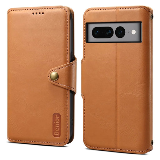 DENIOR For Google Pixel 7 Pro 5G Shockproof Case Cowhide Texture Leather Phone Cover - Khaki - 1